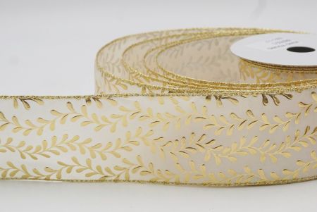 Cream White/Gold Foil Leaf Vines Design Wired Ribbon_KF8781G-2