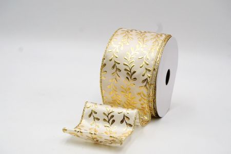 Cream White/Gold Foil Leaf Vines Design Wired Ribbon_KF8781G-2