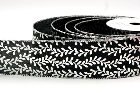 Black/Silver Foil Leaf Vines Design Wired Ribbon_KF8781G-53