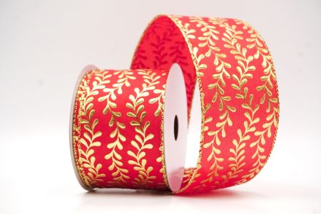 Red/Gold Foil Leaf Vines Design Wired Ribbon_KF8781G-7