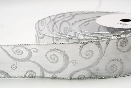 White/silver Glitter Swirl Design Wired Ribbon_KF8790G-1