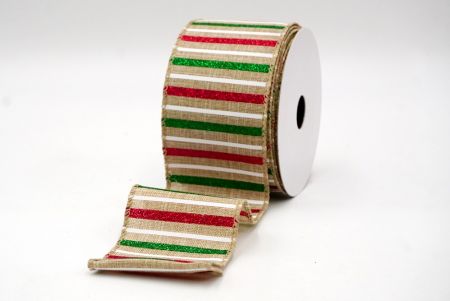 Nastro Metallico a Strisce Festive Khaki_Sparkling Holiday Stripe Wired Ribbon_KF8792GC-13-183