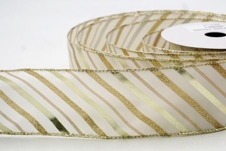 Cream White/Gold Foil Glitter Slanting Wired Ribbon_KF8799G-2