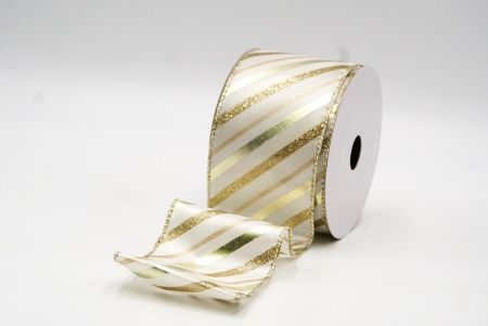 Cream White/Gold Foil Glitter Slanting Wired Ribbon_KF8799G-2