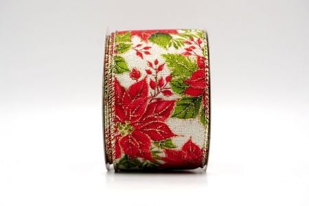 Cream/Gold_Holiday Poinsettia Charm Wired Ribbon_KF8809GV-2