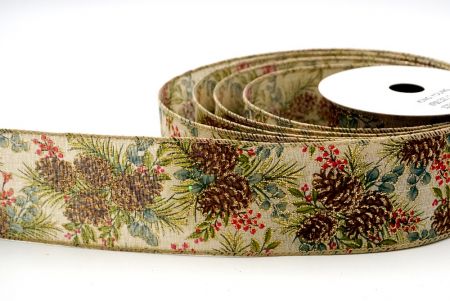 Khaki_Glitter Pine and Holly Christmas Wired Ribbon_KF8813GC-13-183