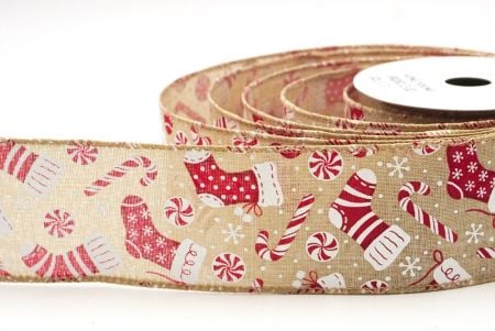 Light Brown Christmas Stocking & Treats Wired Ribbon_KF8820GC-13-183