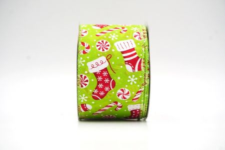 Yellow Green Christmas Stocking & Treats Wired Ribbon_KF8821GC-15-190