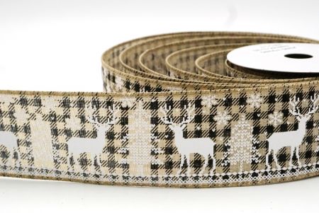 Light Brown Tartan Christmas Reindeer Design Wired Ribbon_KF8832GC-13-183