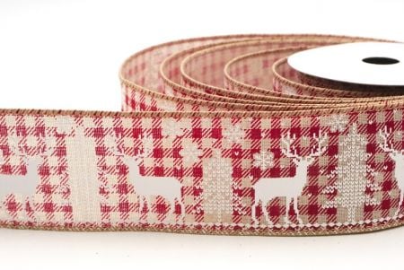 Light Brown/Red Tartan Christmas Reindeer Design Wired Ribbon_KF8832GC-14-183