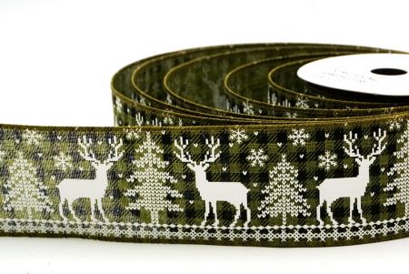 Green Tartan Christmas Reindeer Design Wired Ribbon_KF8832GC-3-185