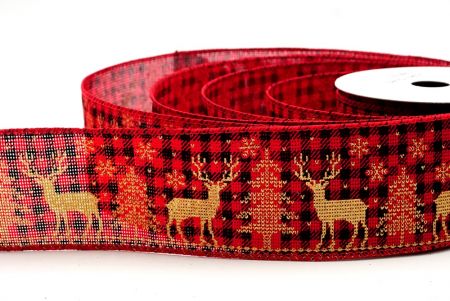 Fita de Arame com Design de Rena de Natal em Tartan Vermelho/Dourado_KF8833GC-7-7