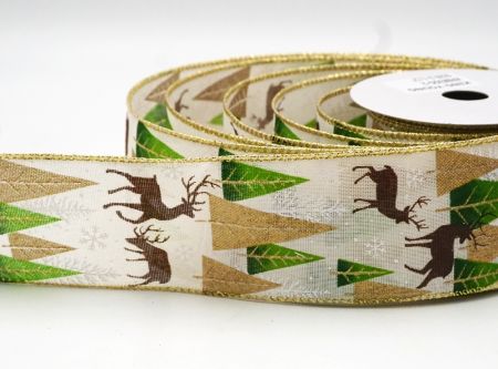 White-Gold Christmas tree & Deer Wired Ribbon_KF8835G-2