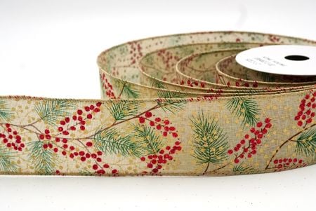 Light Brown/Red/Gold Christmas Berries & Sprig Wired Ribbon_KF8848GC-13-183