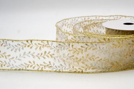 White Sheer_Glittery Leaf Vine Wired Ribbon_KF8856G-1