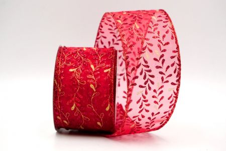 Red Sheer_Glittery Leaf Vine Wired Ribbon_KF8856GR-7