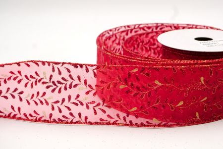 Red Sheer_Glittery Leaf Vine Wired Ribbon_KF8856GR-7