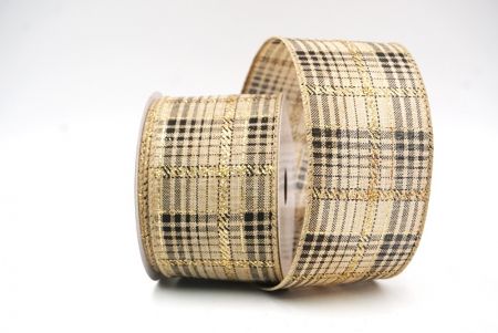 Natural Brown Checkered Plaid with Gold Accents Wired Ribbon_KF8859GC-14-183