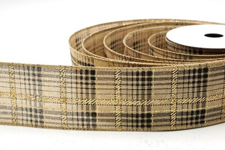 Natural Brown Checkered Plaid with Gold Accents Wired Ribbon_KF8859GC-14-183