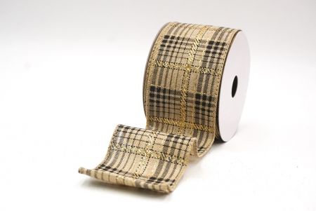 Natural Brown Checkered Plaid with Gold Accents Wired Ribbon_KF8859GC-14-183