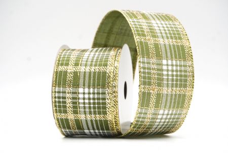 Matcha Green Checkered Plaid with Gold Accents Wired Ribbon_KF8864G-15