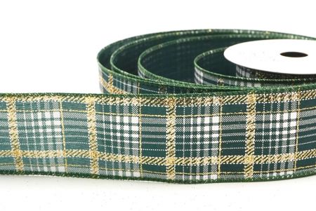 Green Checkered Plaid with Gold Accents Wired Ribbon_KF8864GC-3-127