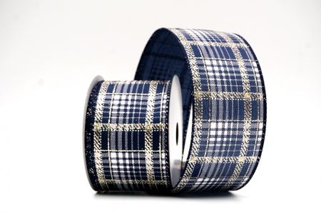 Navy Blue Checkered Plaid with Gold Accents Wired Ribbon_KF8864GC-4-4