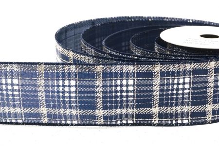 Navy Blue Checkered Plaid with Gold Accents Wired Ribbon_KF8864GC-4-4