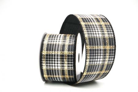 Black/Gold/White Checkered Plaid with Gold Accents Wired Ribbon_KF8864GC-53-53