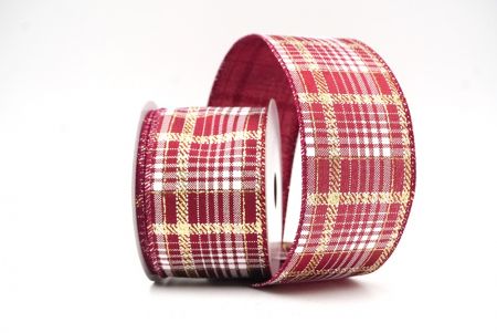 Burgundy/Gold/White Checkered Plaid with Gold Accents Wired Ribbon_KF8864GC-8-8