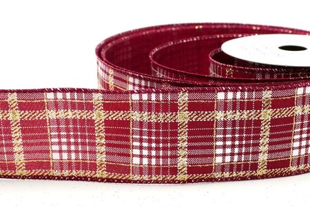 Burgundy/Gold/White Checkered Plaid with Gold Accents Wired Ribbon_KF8864GC-8-8