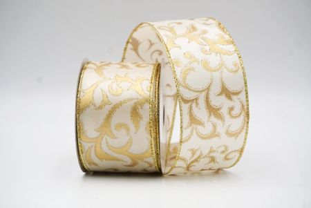 Cream White Ornate Holiday Scrollwork Wired Ribbon_KF8920G-2