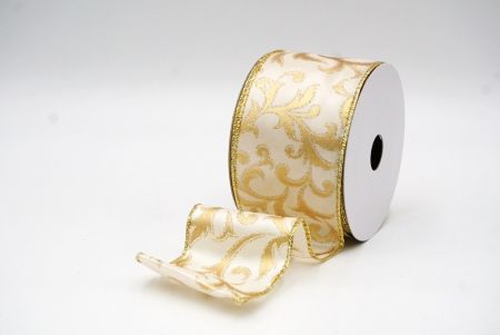 Cream White Ornate Holiday Scrollwork Wired Ribbon_KF8920G-2