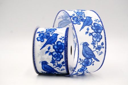 White - Blue Floral Songbird Wired Ribbon_KF9045GC-1B-151