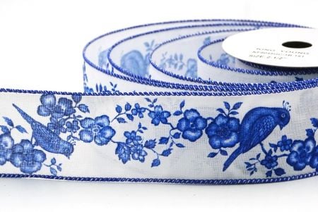 White - Blue Floral Songbird Wired Ribbon_KF9045GC-1B-151