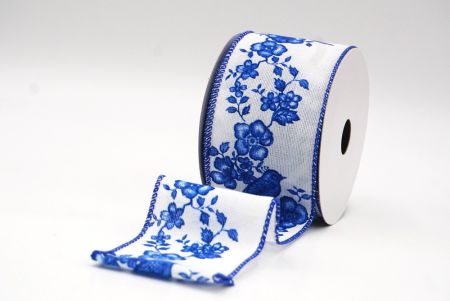 White - Blue Floral Songbird Wired Ribbon_KF9045GC-1B-151