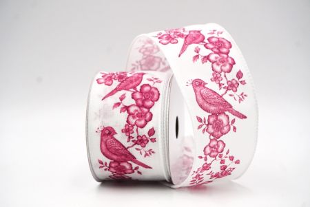 White - Pink Floral Songbird Wired Ribbon_KF9045GC-1M-1