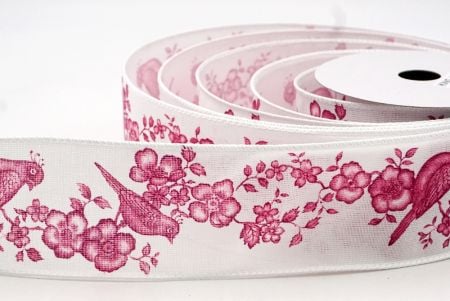 White - Pink Floral Songbird Wired Ribbon_KF9045GC-1M-1