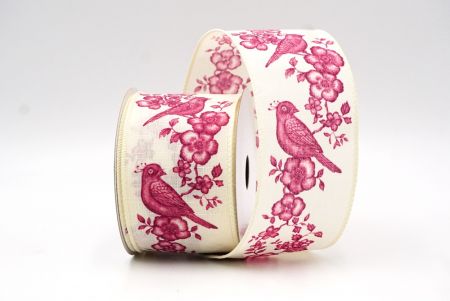 Cream White - Pink Floral Songbird Wired Ribbon_KF9046GC-2M-2