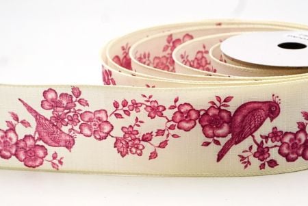 Cream White - Pink Floral Songbird Wired Ribbon_KF9046GC-2M-2