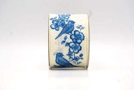 Cream White - Blue Floral Songbird Wired Ribbon_KF9046GC-2T-2