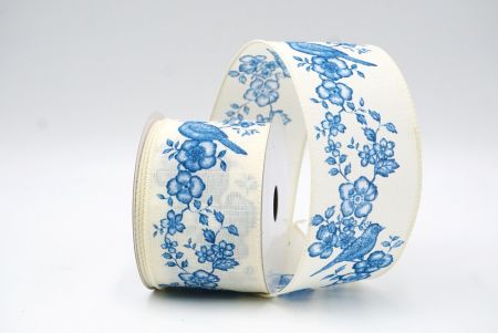 Cream White - Blue Floral Songbird Wired Ribbon_KF9046GC-2T-2