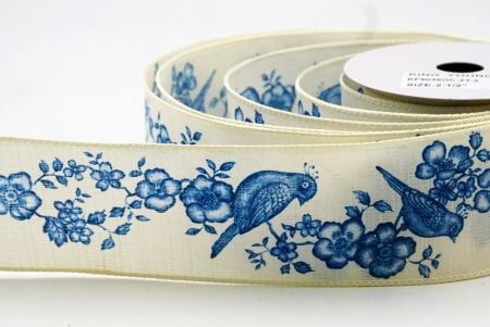 Cream White - Blue Floral Songbird Wired Ribbon_KF9046GC-2T-2