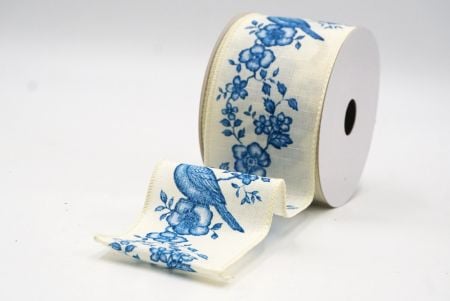 Cream White - Blue Floral Songbird Wired Ribbon_KF9046GC-2T-2