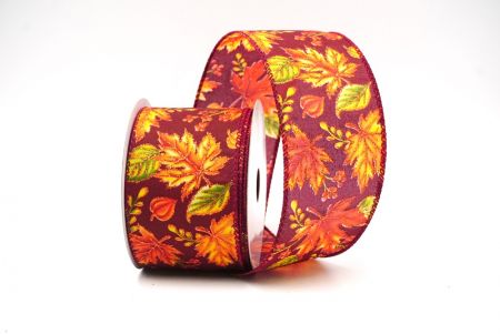 Burgundy Golden Fall Leaves Wired Ribbon_KF9057GC-8-8