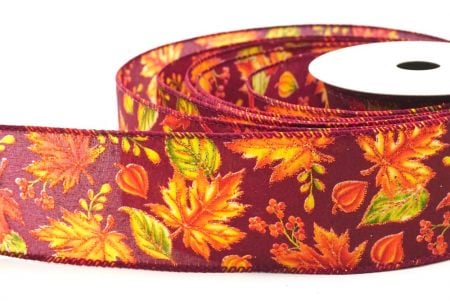 Burgundy Golden Fall Leaves Wired Ribbon_KF9057GC-8-8