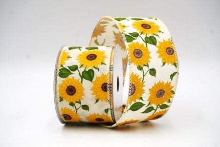 Cream White Autumn Sunflower Wired Ribbon_KF9058GC-2-2