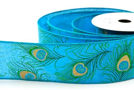 Sky Blue Festive Glitter Peacock Wired Ribbon_KF9071GC-4-217