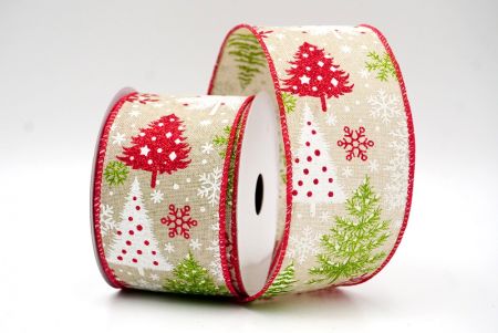 Khaki/Red_Glittery Winter Trees Wired Ribbon_KF9075GC-13-7