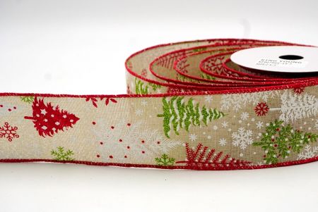 Khaki/Red_Glittery Winter Trees Wired Ribbon_KF9075GC-13-7